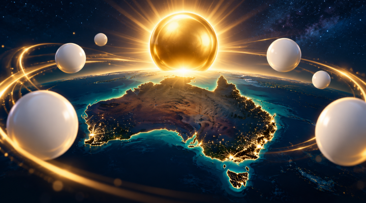 Generated editorial illustration of Australia beneath abstract blank lottery balls and a golden prize sphere