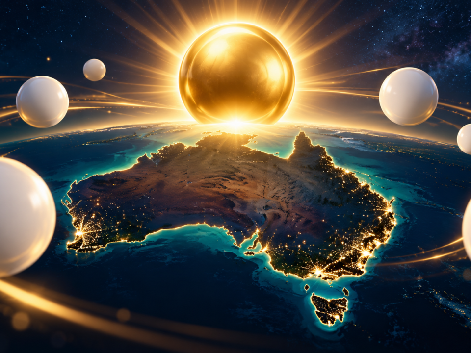 Ilustración editorial generada de Australia bajo bolas de lotería abstractas sin números y una esfera dorada