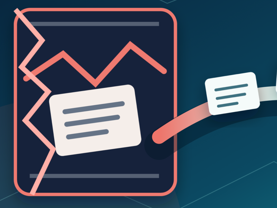 Ilustración abstracta de documentos regulatorios que pasan de un portal dañado a un sistema protegido
