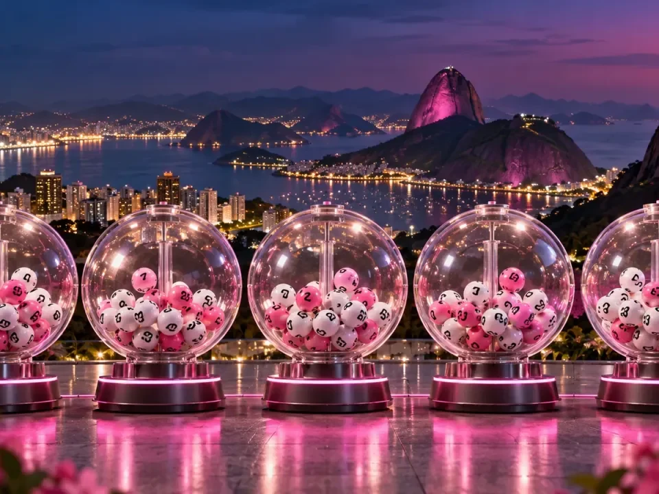 Five conceptual lottery draw machines lit in pink against a Brazilian night skyline