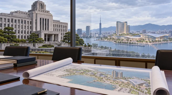 Integrated resort plans on a meeting table beside a Japanese government building and conceptual waterfront development
