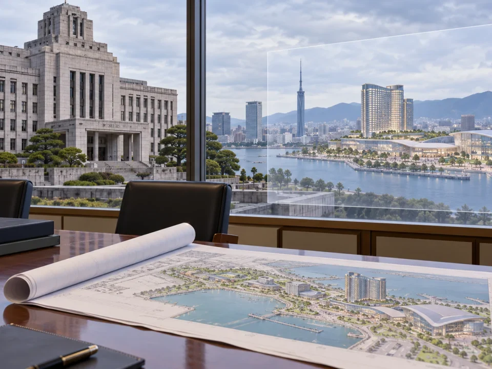 Integrated resort plans on a meeting table beside a Japanese government building and conceptual waterfront development