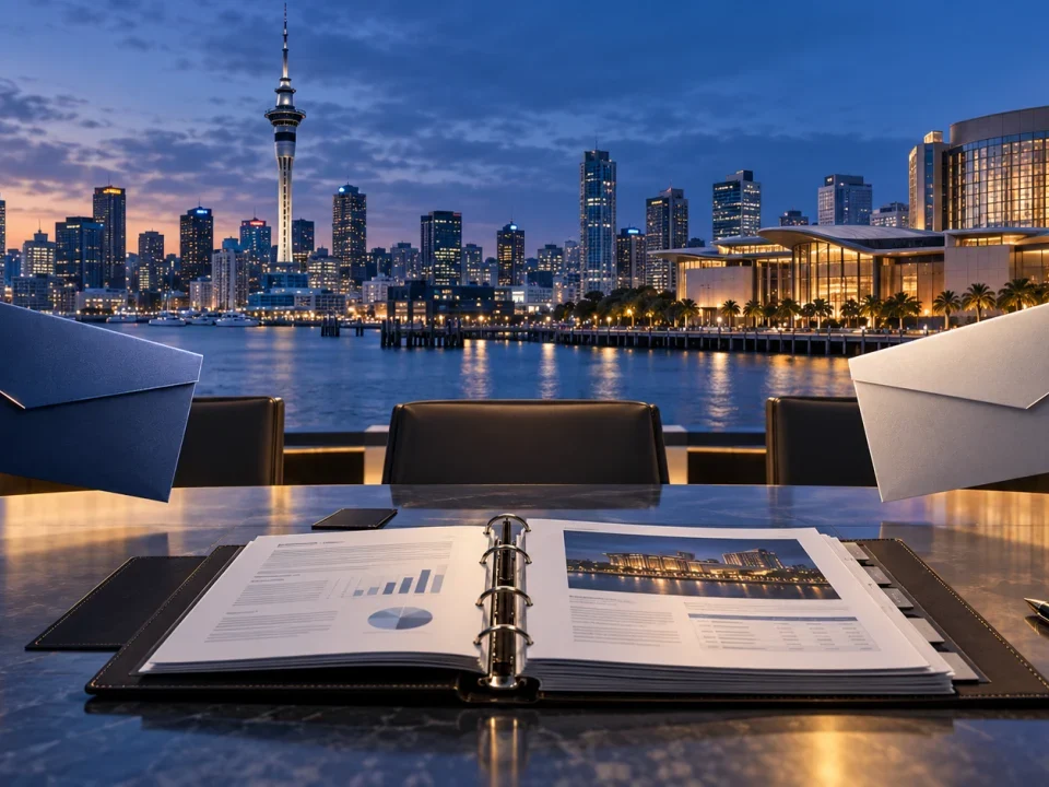 Horizonte de Auckland detrás de una mesa de consejo con documentos de diligencia debida y dos sobres de oferta