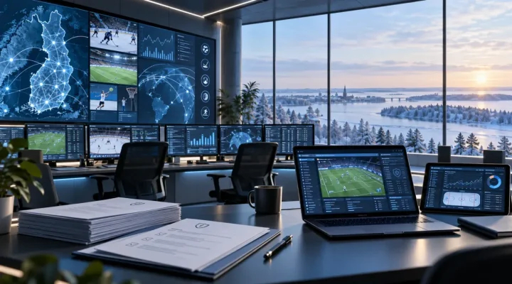 Conceptual Nordic sportsbook operations room with compliance files and Finnish sports data displays