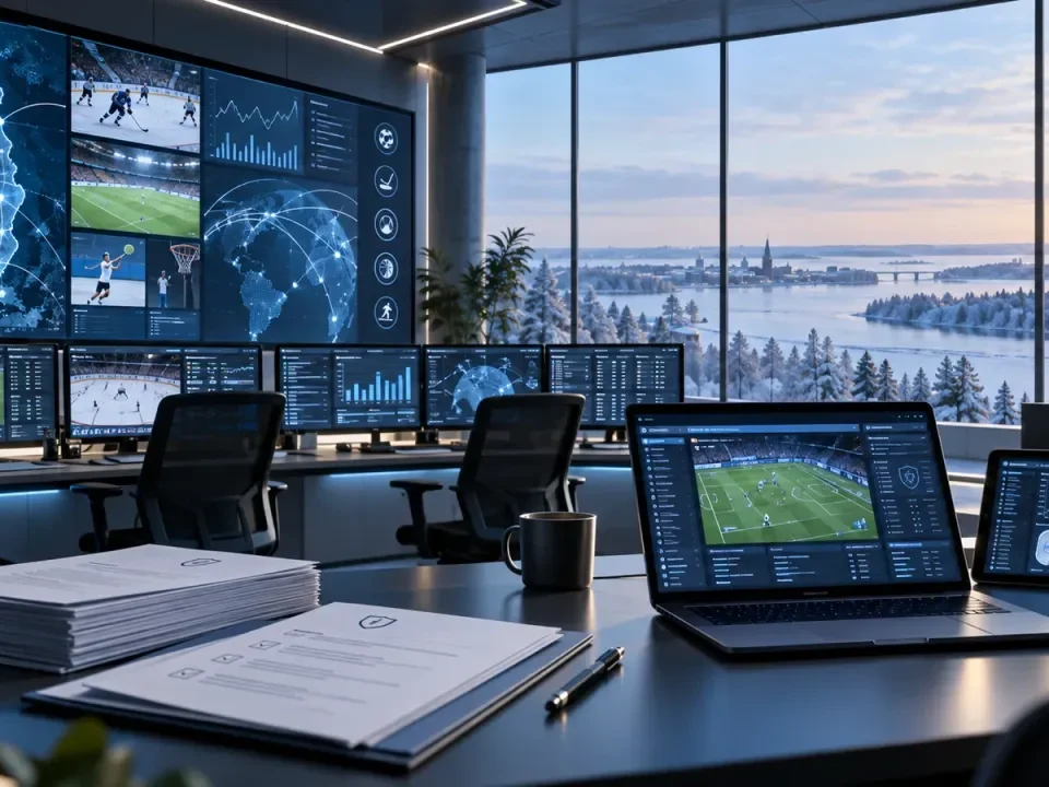Conceptual Nordic sportsbook operations room with compliance files and Finnish sports data displays