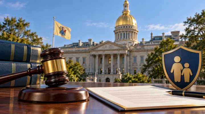 Capitolio de Nueva Jersey con mazo, documento legislativo y simbolo de proteccion juvenil