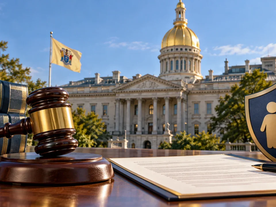 Capitolio de Nueva Jersey con mazo, documento legislativo y simbolo de proteccion juvenil