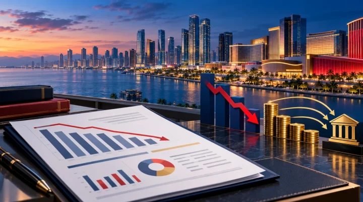 Financial report with declining charts overlooking a Manila gaming district