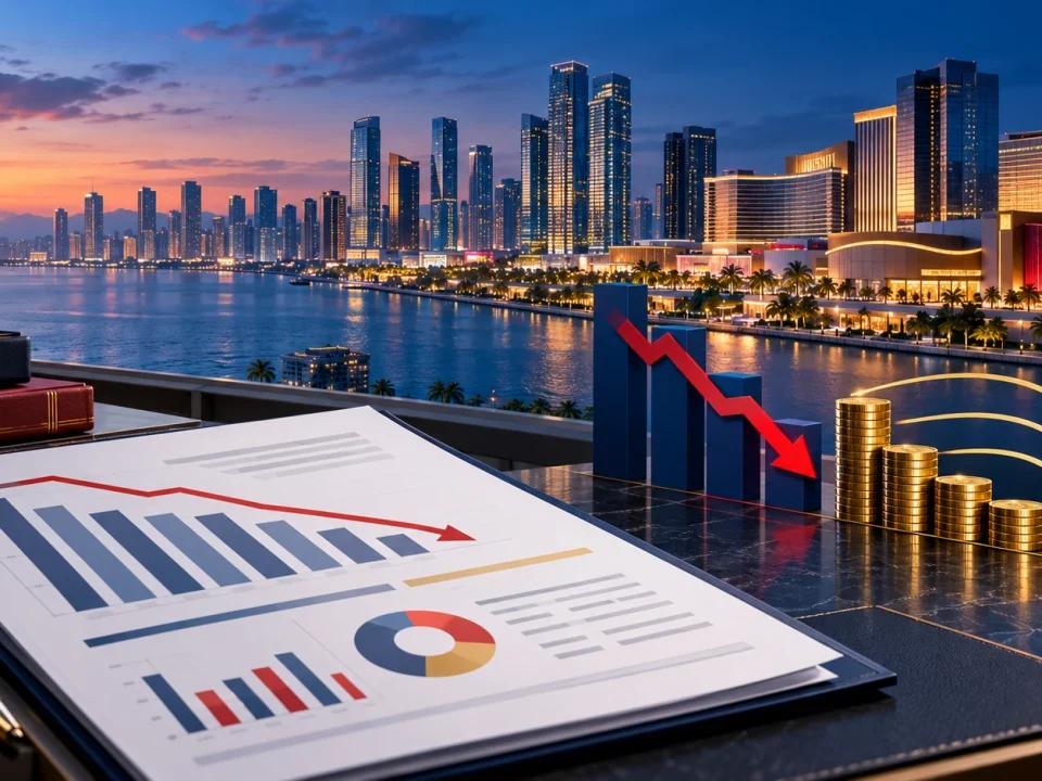 Financial report with declining charts overlooking a Manila gaming district