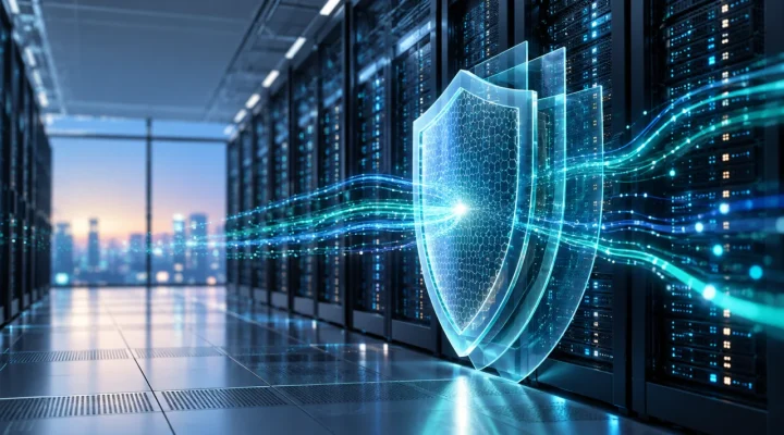 Servidores de un centro de datos protegidos por un escudo digital translucido con trafico de red
