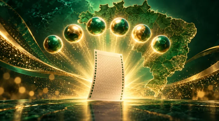 Conceptual Brazilian lottery ticket beneath six illuminated balls
