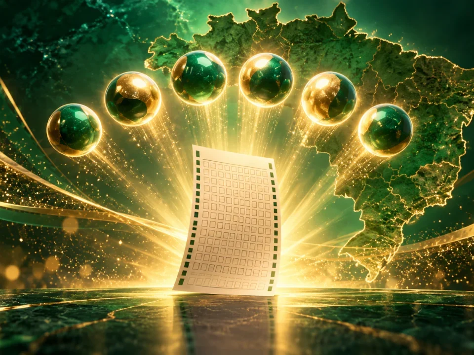 Conceptual Brazilian lottery ticket beneath six illuminated balls