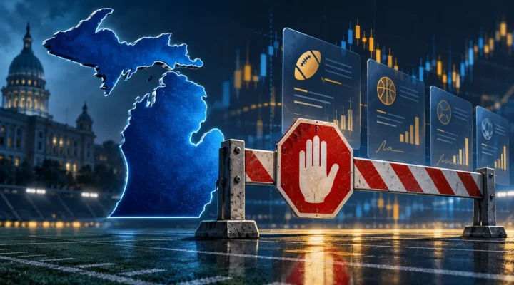 Ilustración generada de Michigan bloqueando contratos digitales sobre acontecimientos deportivos
