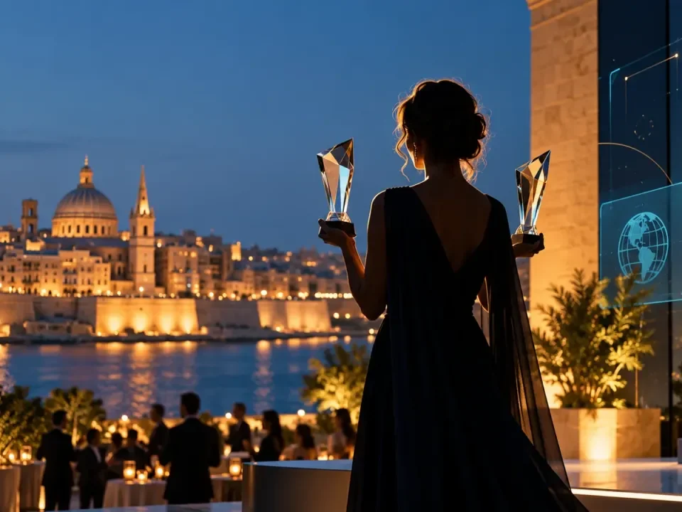 Silhouetted businesswoman holding two crystal awards at an evening ceremony in Malta