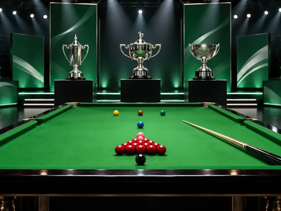 Illustration of a snooker table facing three unbranded championship trophies