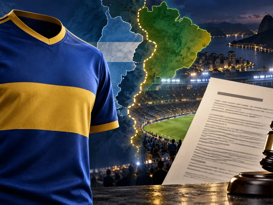Illustration of a generic Argentine football shirt beside a Brazilian legal document and stadium