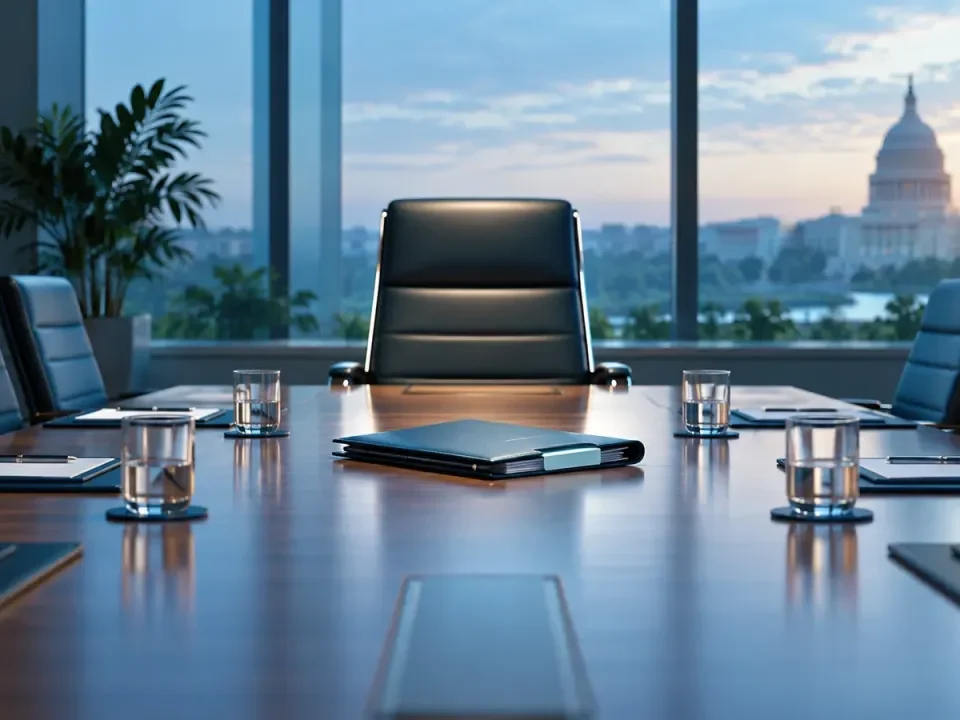Empty nonprofit boardroom with one highlighted executive chair and a transition folder