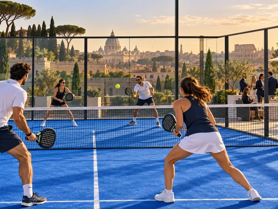 Illustration of business professionals playing doubles padel on a blue court overlooking Rome