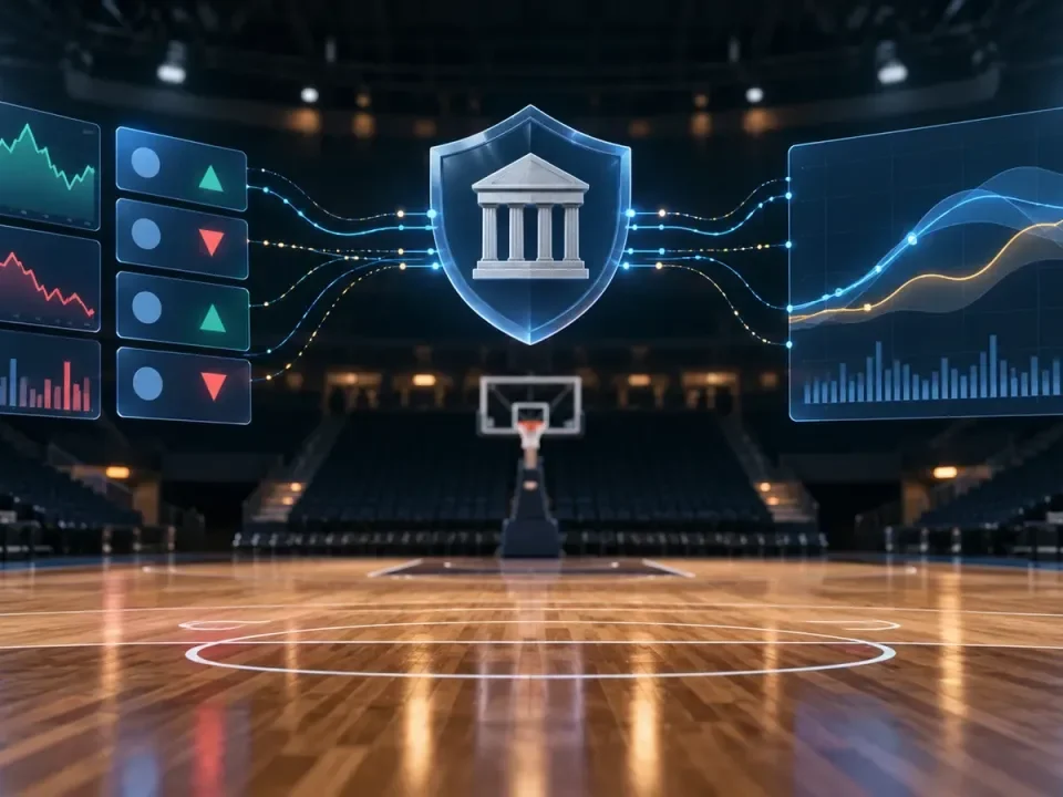 Cancha de baloncesto conceptual conectada con gráficos de mercados de predicción y un escudo regulatorio