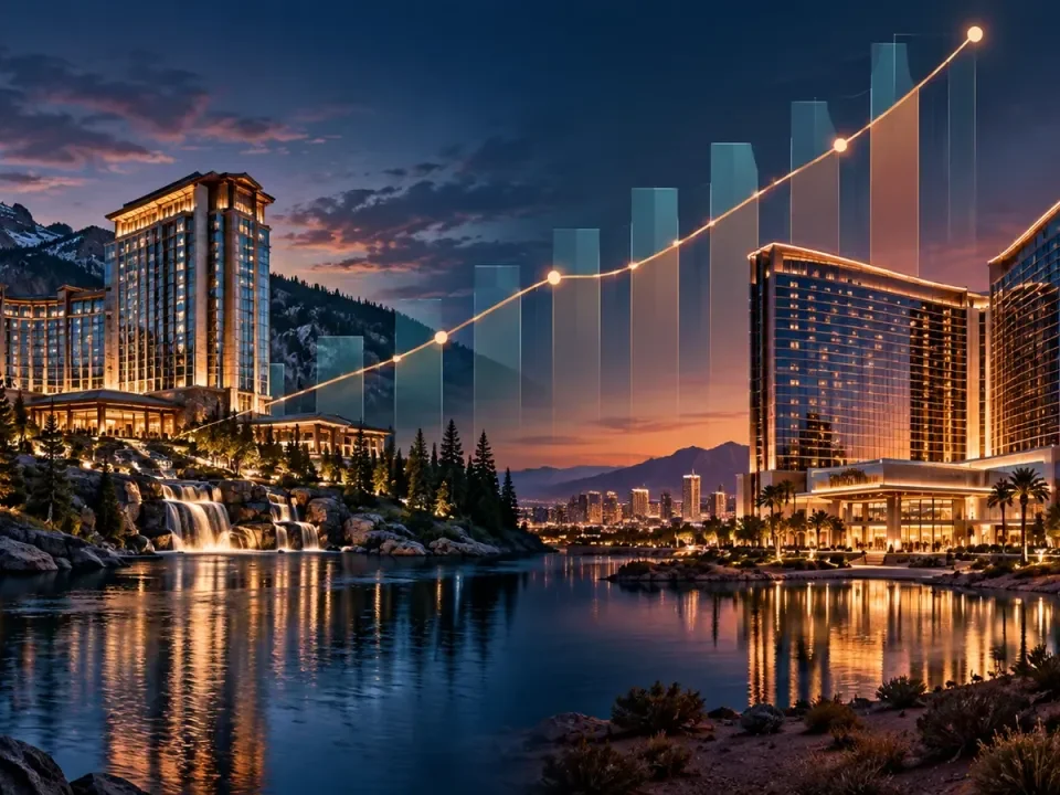 Dos complejos de casino genéricos en entornos de montaña y desierto con un gráfico financiero ascendente