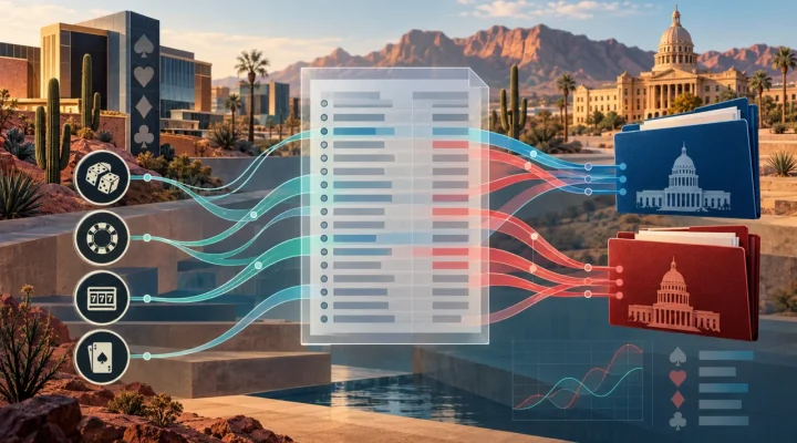 Conceptual Arizona campaign-finance ledger linking gaming interests to blue and red committee folders