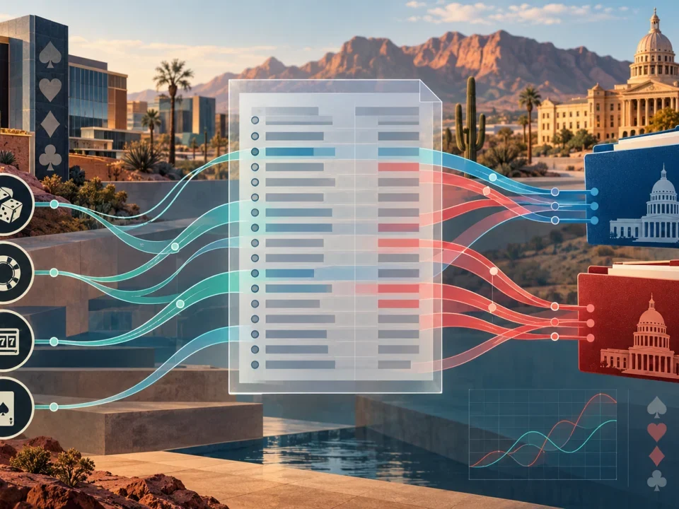 Conceptual Arizona campaign-finance ledger linking gaming interests to blue and red committee folders