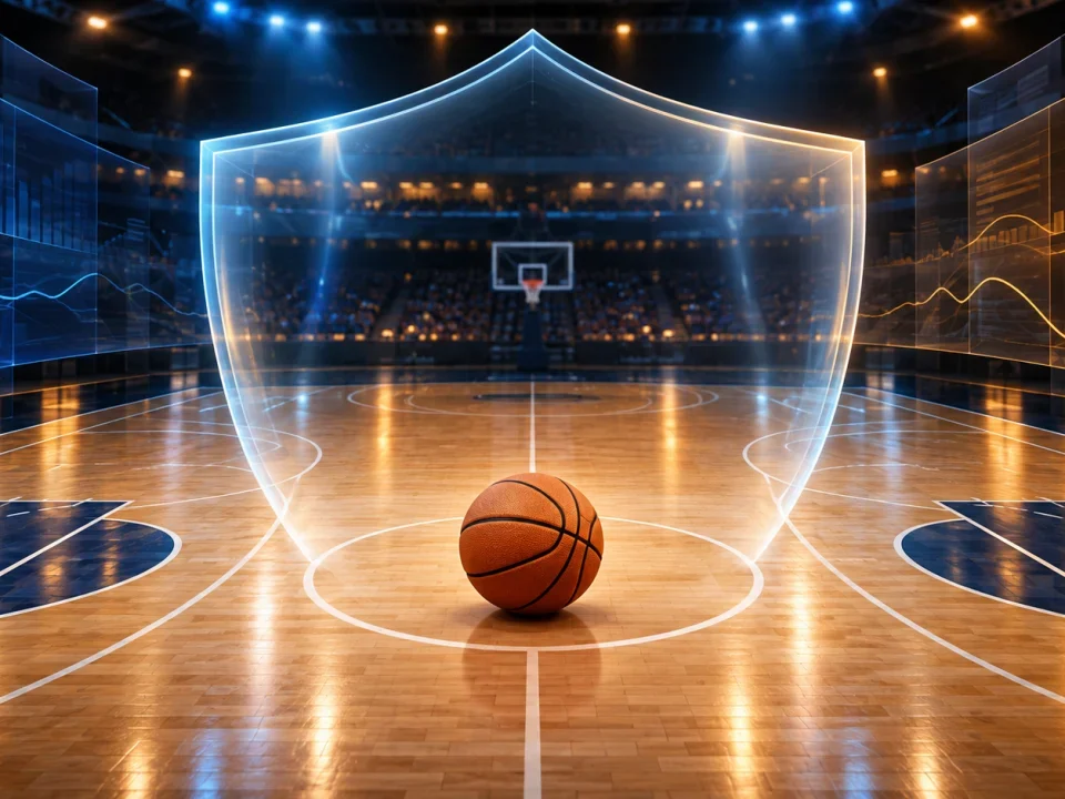 Basketball court protected by a translucent shield between abstract betting data panels