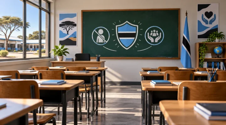Aula vacia en Botsuana preparada para una leccion de proteccion infantil