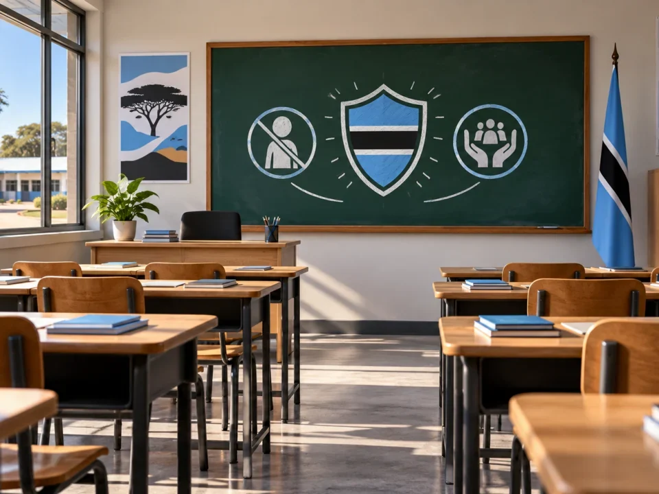 Aula vacia en Botsuana preparada para una leccion de proteccion infantil