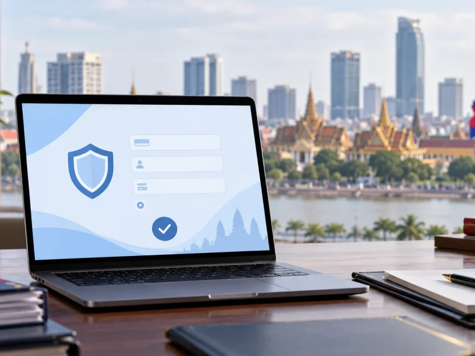 Laptop showing an abstract secure payment form in a Phnom Penh government office setting
