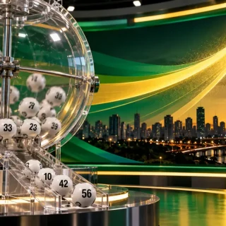 A transparent lottery draw machine beside an abstract upward gold arc over São Paulo