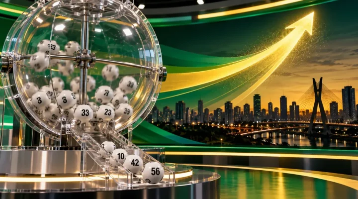 A transparent lottery draw machine beside an abstract upward gold arc over São Paulo