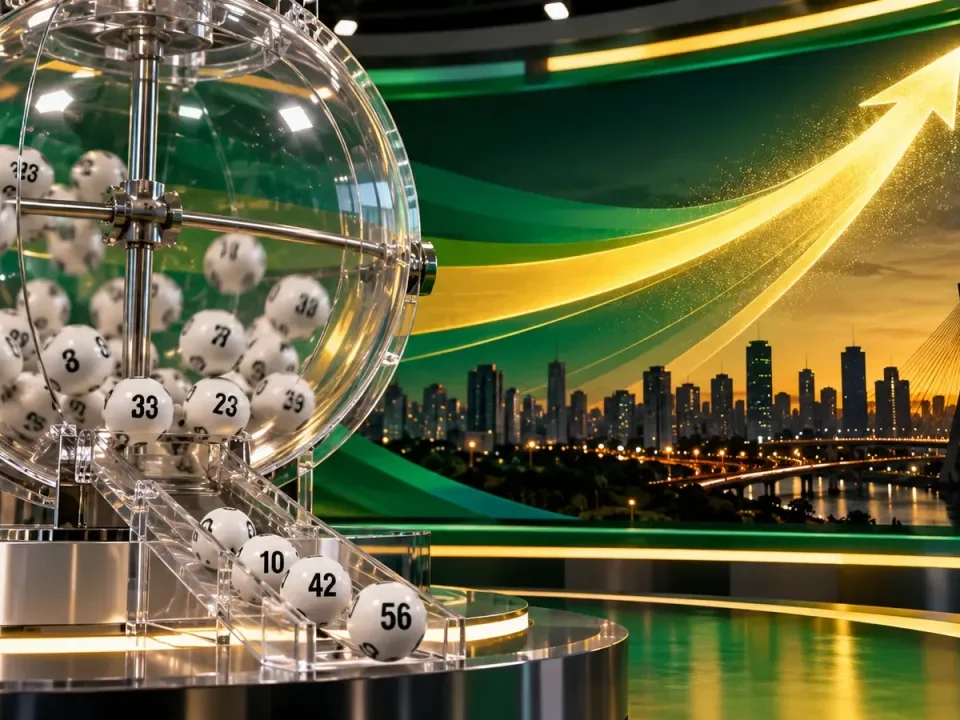 A transparent lottery draw machine beside an abstract upward gold arc over São Paulo