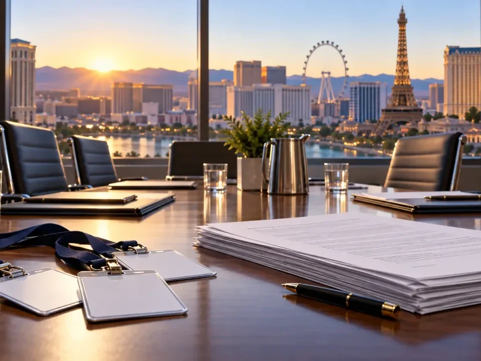 Mesa de negociación vacía con acreditaciones y documentos contractuales ante Las Vegas