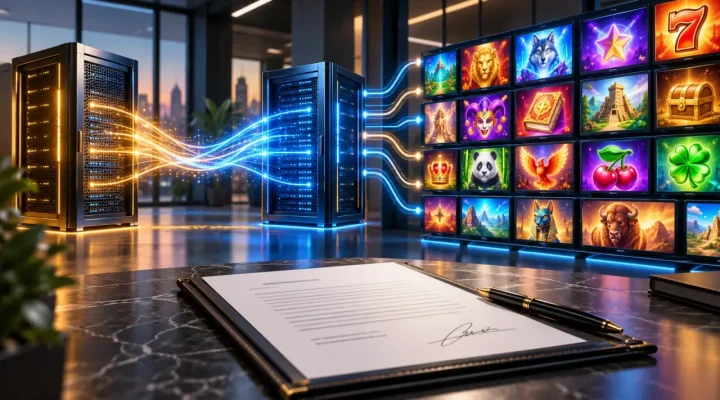 Generated illustration of casino game tiles moving through connected aggregation servers
