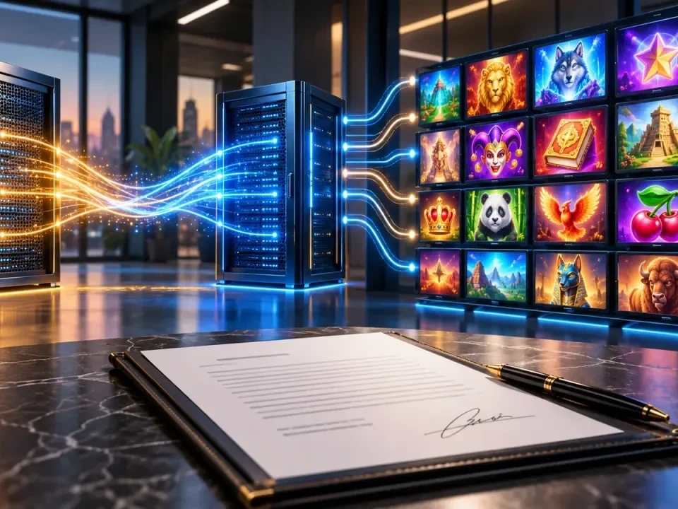 Generated illustration of casino game tiles moving through connected aggregation servers