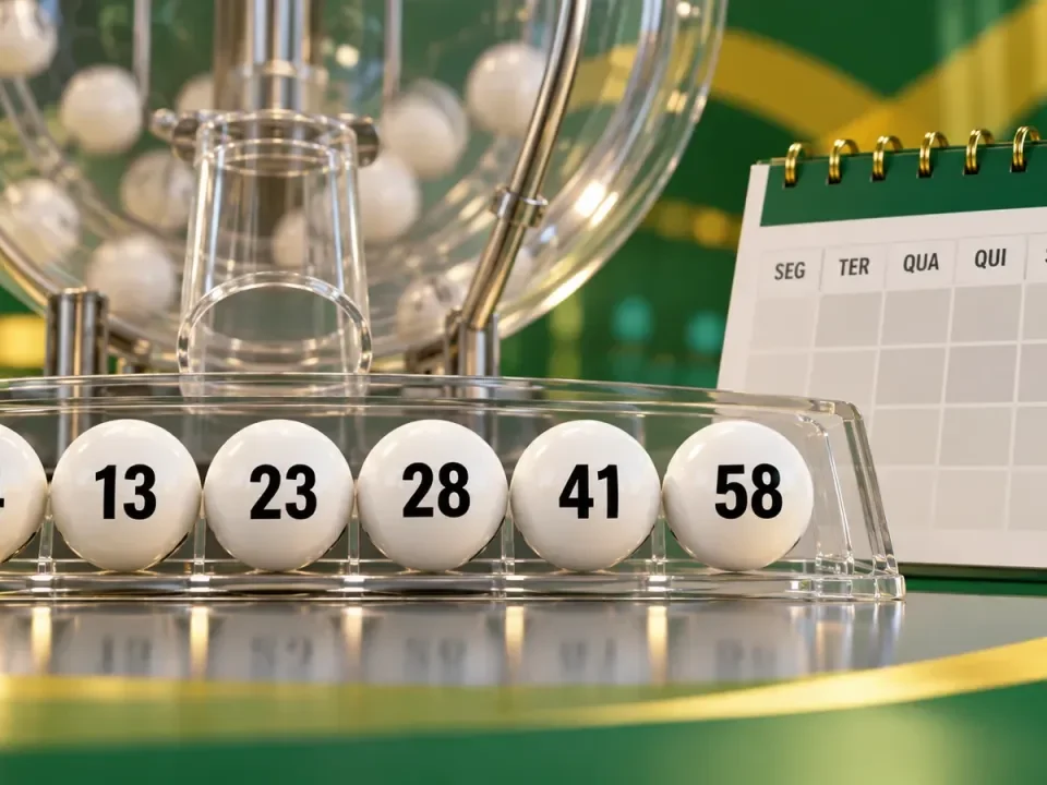 Illustration of lottery balls numbered 04, 13, 23, 28, 41 and 58 beside a Saturday calendar