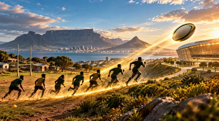Rugby players following a pathway from a community pitch toward a stadium