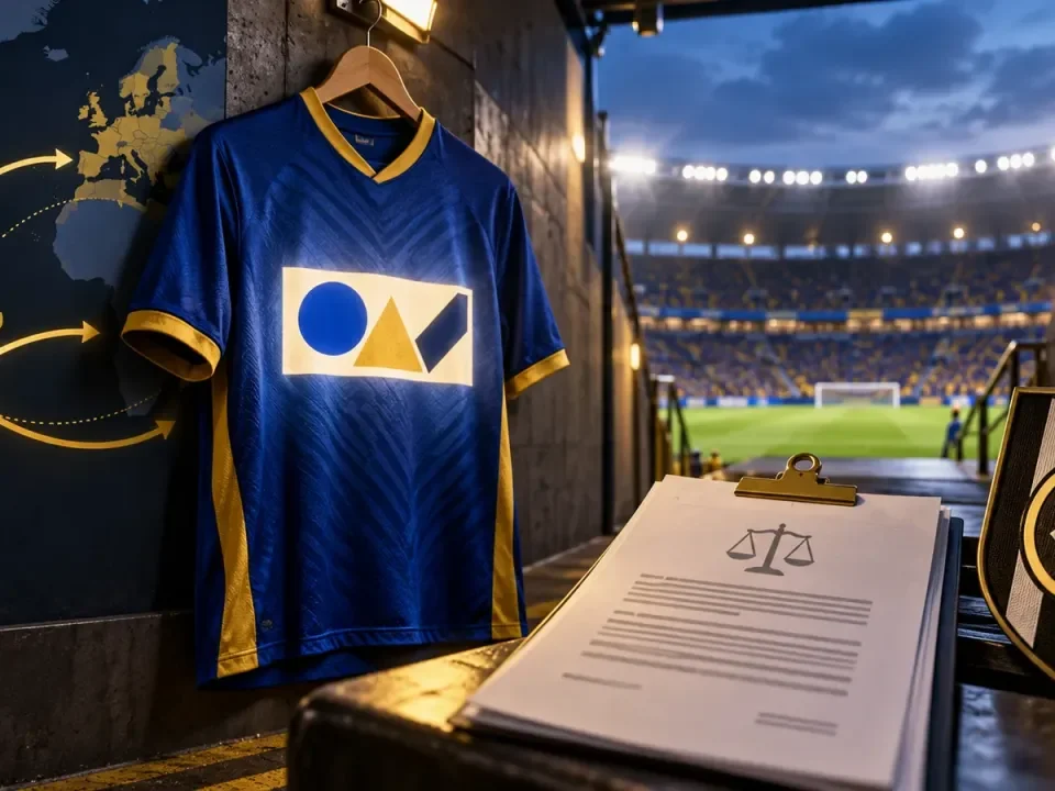 Illustration of an unbranded football jersey under sponsorship compliance review in a Brazilian stadium