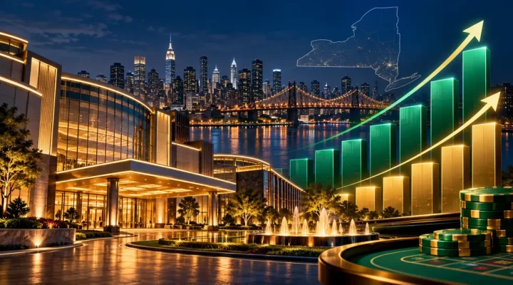 Illustrated New York casino skyline with rising revenue bars and state outline