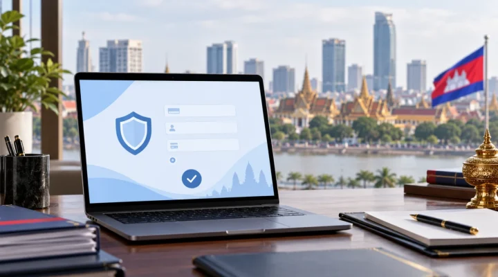 Portatil con un formulario de pago seguro abstracto en un entorno institucional de Phnom Penh