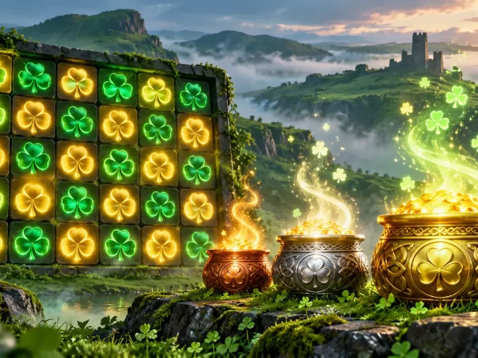 Generated illustration of an abstract clover-symbol grid with three glowing bonus pots