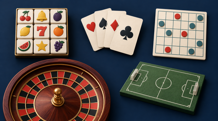 Composición conceptual de símbolos de tragamonedas, cartas, una cuadrícula de bingo, una ruleta y un campo deportivo en miniatura sobre un fondo azul marino.