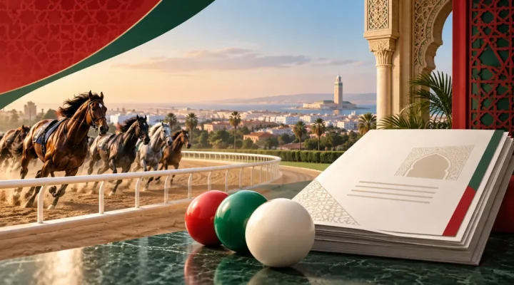 Ilustración generada de un documento presupuestario marroquí junto a una pista hípica y bolas de lotería abstractas