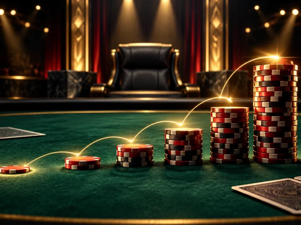 Ilustración de una ficha de póker que crece hasta formar una gran pila sobre una mesa de torneo