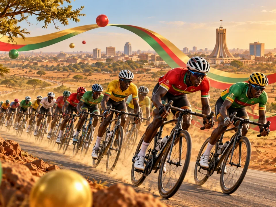 Ciclistas de carretera compitiendo por un paisaje soleado de Burkina Faso