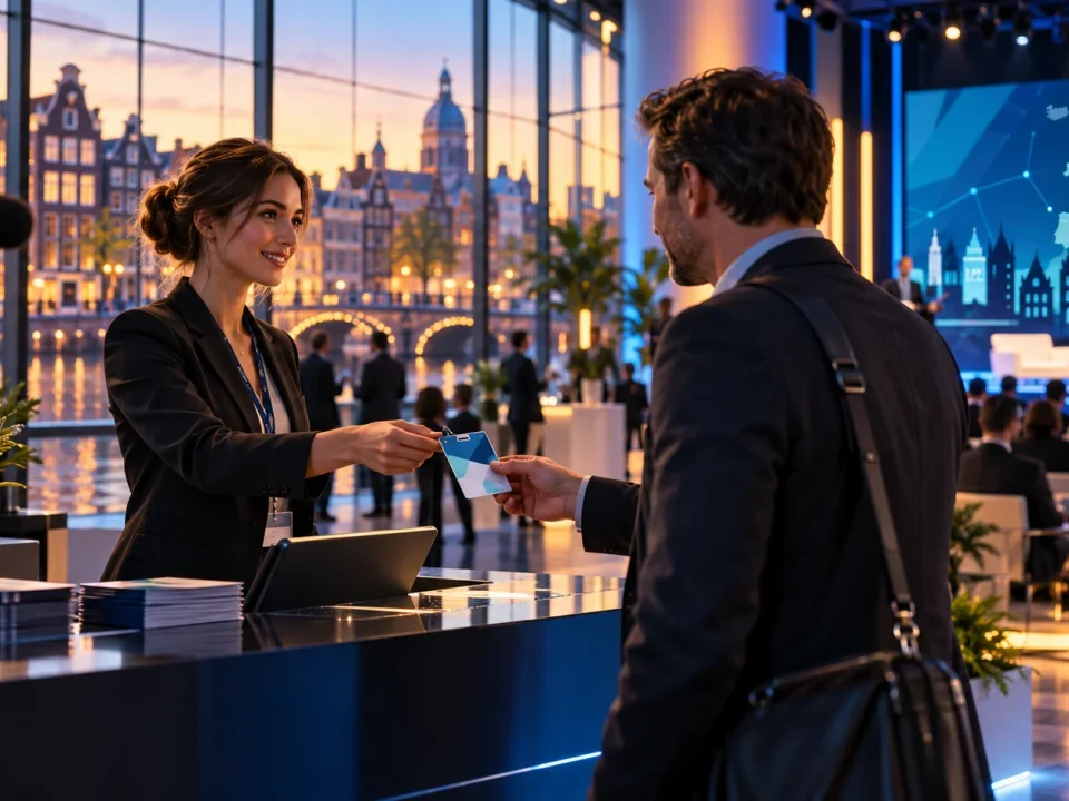 Media representative exchanging a conference badge in an Amsterdam venue