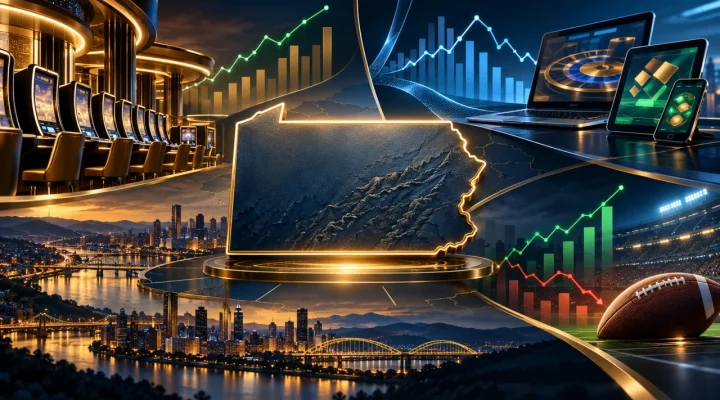 Pennsylvania outline surrounded by retail casino, online gaming and sports wagering data graphics