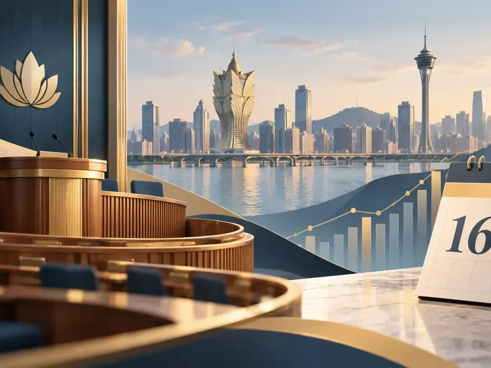 An illustrated legislative chamber overlooking Macau with a November 16 calendar and financial chart