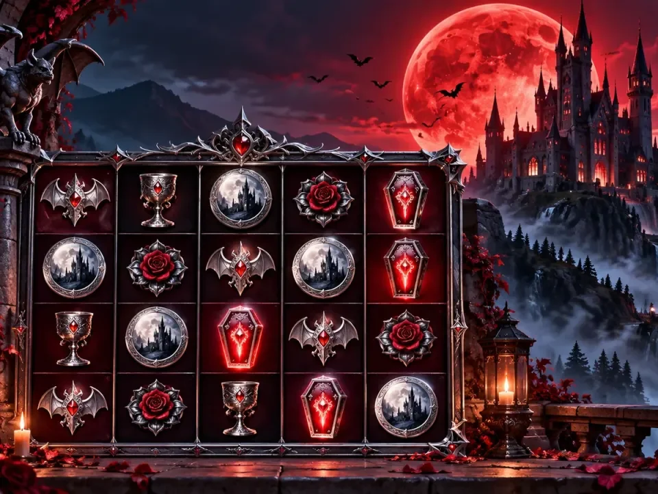 Illustration of a gothic castle under a red moon beside generic vampire-themed slot reels